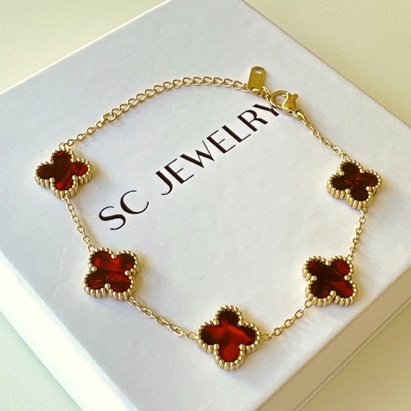 Clover Bracelet Velvet Red Double Sided Four Leaf - Picture 2 of 11